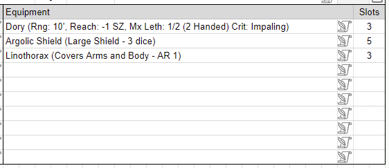 character sheet equipment section